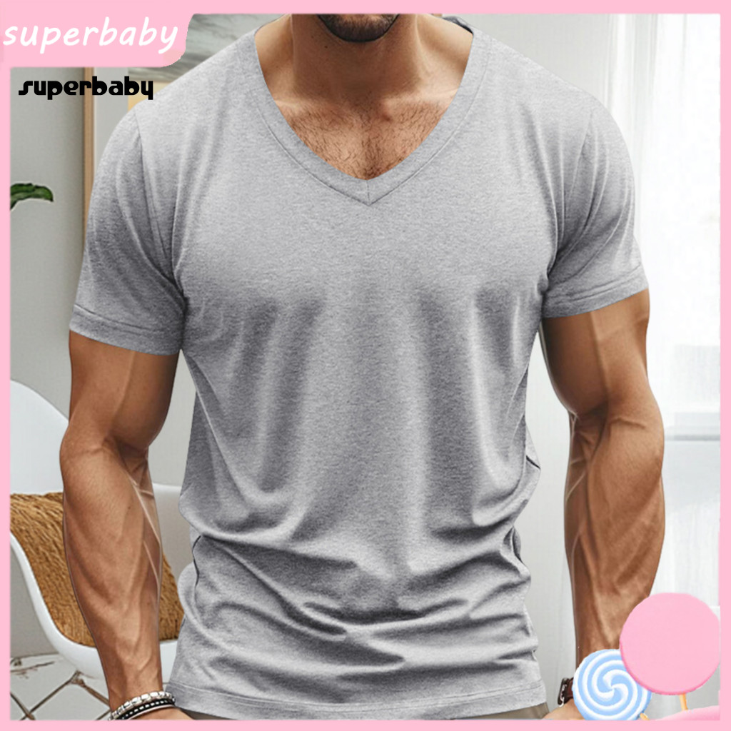 Solid Color V-neck Tee Top Men's Summer Quick-dry T-shirt Short Sleeve Loose Fit Pullover Mid-length for Sports Office C
