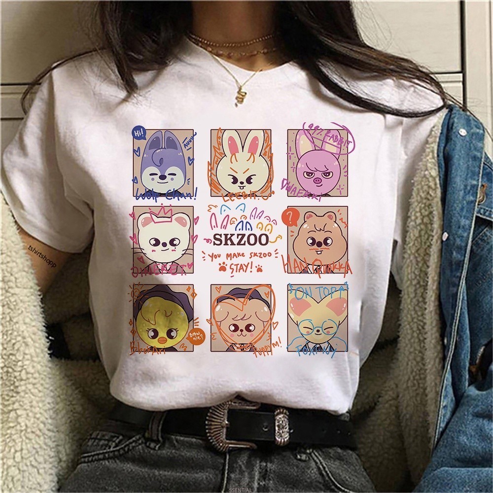Stray Kids SKZOO Camiseta Feminina Roupas Harajuku Kawaii Estilo Coreano Unissex Camisetas Desenhos top