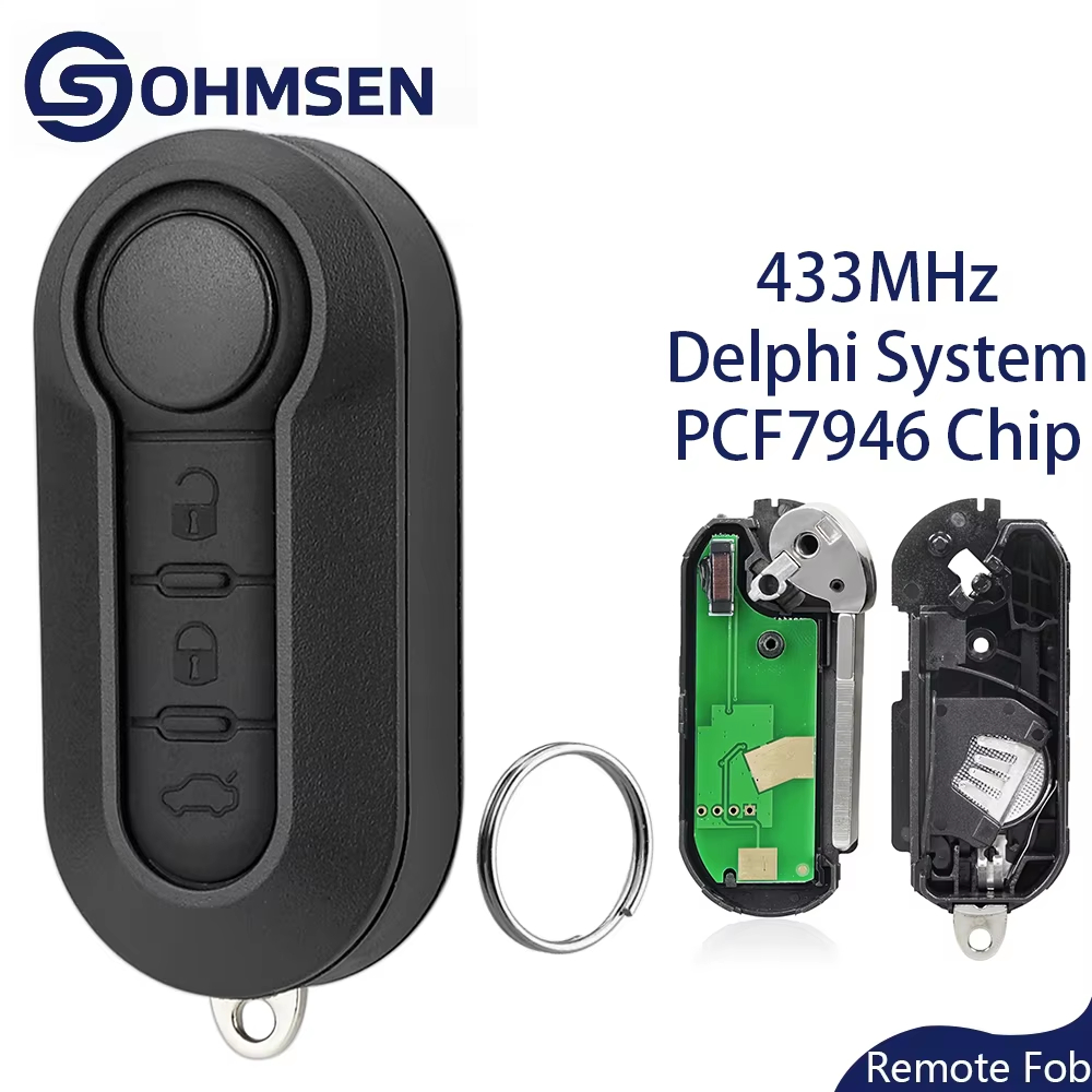 Chave De Carro Com Controle Remoto Dobrável 433Mhz PCF7946 3 Botões Fiat 500 Grande Punto Panda OHMSEN