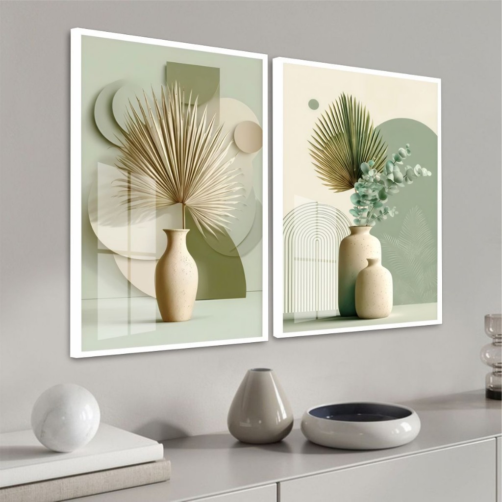 Kit Minimalista Verde Sage Quadros Contendo Duas Peças Moldura e Vidro Sala Quarto Escritório
