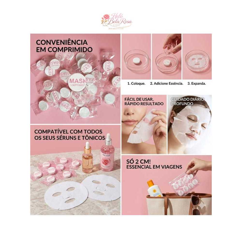 Máscara Facial Comprimida – Use com Água, Tônico ou Sérum | Hidratação Personalizada