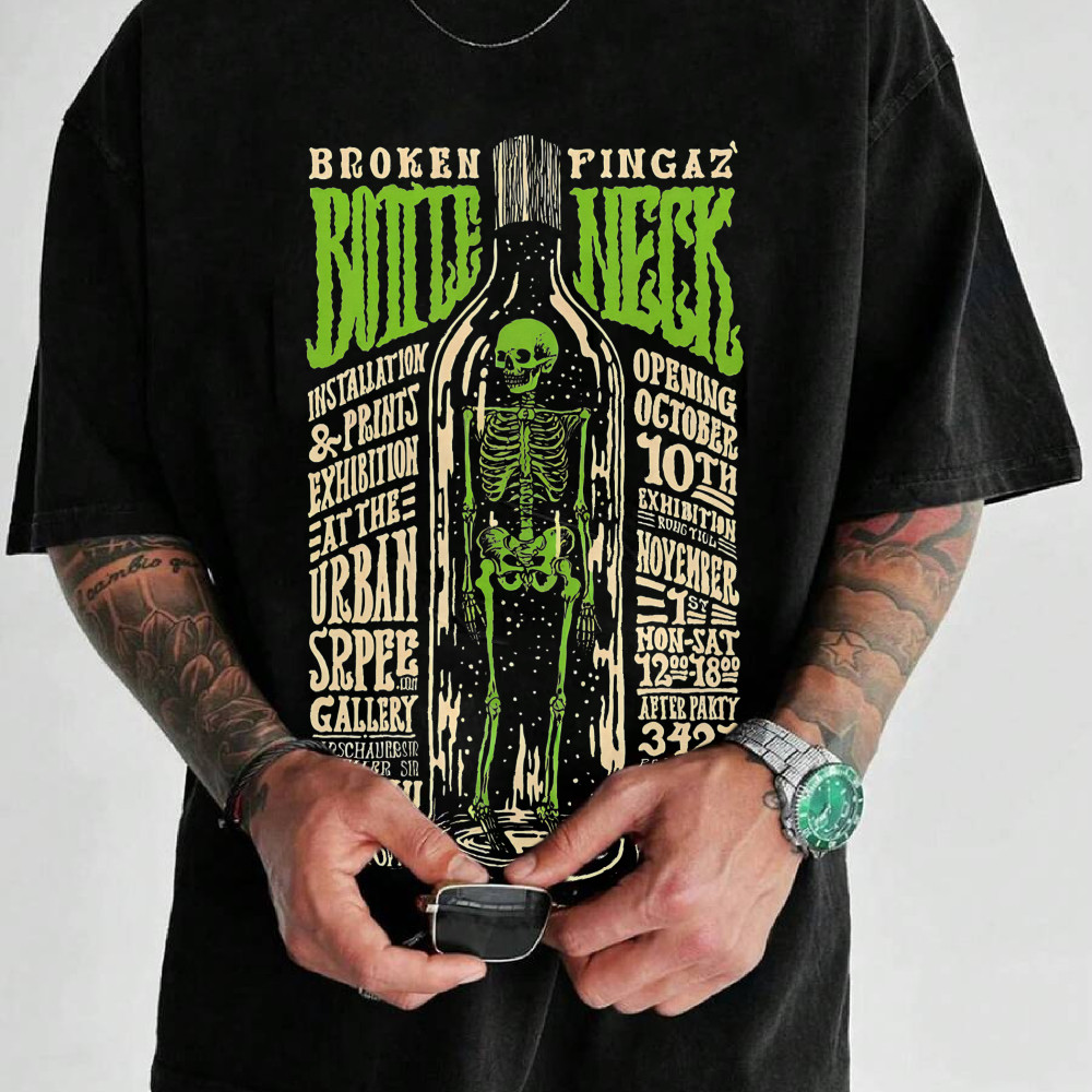 Camiseta Masculina Broken Pingaz Bottle Neck Esqueleto Verde Streetwear 2025 Novo