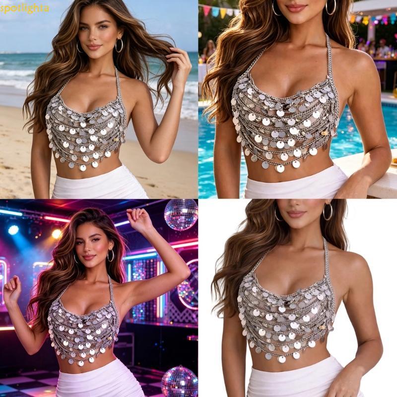 spotlighta Elegante Glitters Cropped Neck Lantejoulas Detalhe Discoteca Clubwear Para Concertos E Streetwear