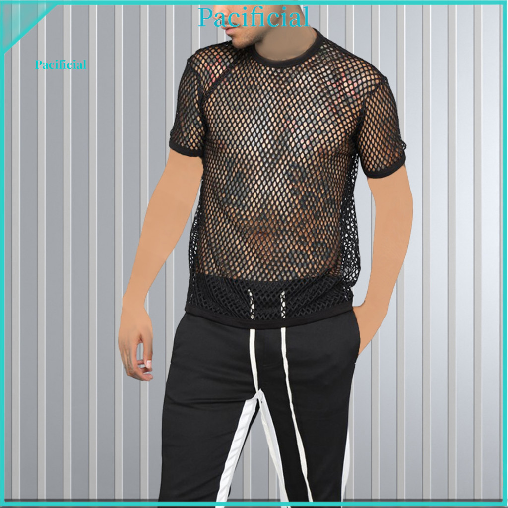 Round Neck T-shirt Casual Men's Hollow Out Fishnet Clubwear Color Block Short Sleeve See-through Streetwear Loose Breath