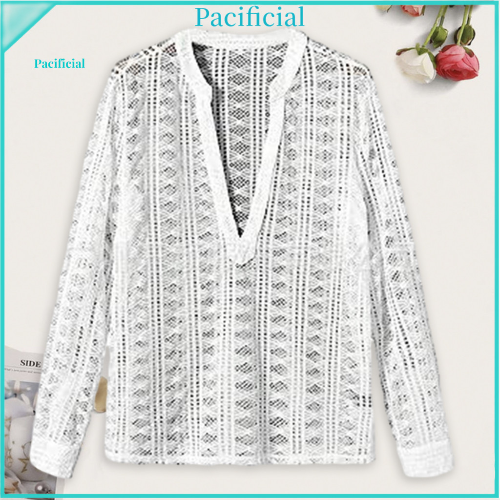 Slim Fit Men Shirt Deep V-neck Men's See-through Fishnet Hollow Out V Neck Long Sleeve Pullover Soft Thin Streetwear Top
