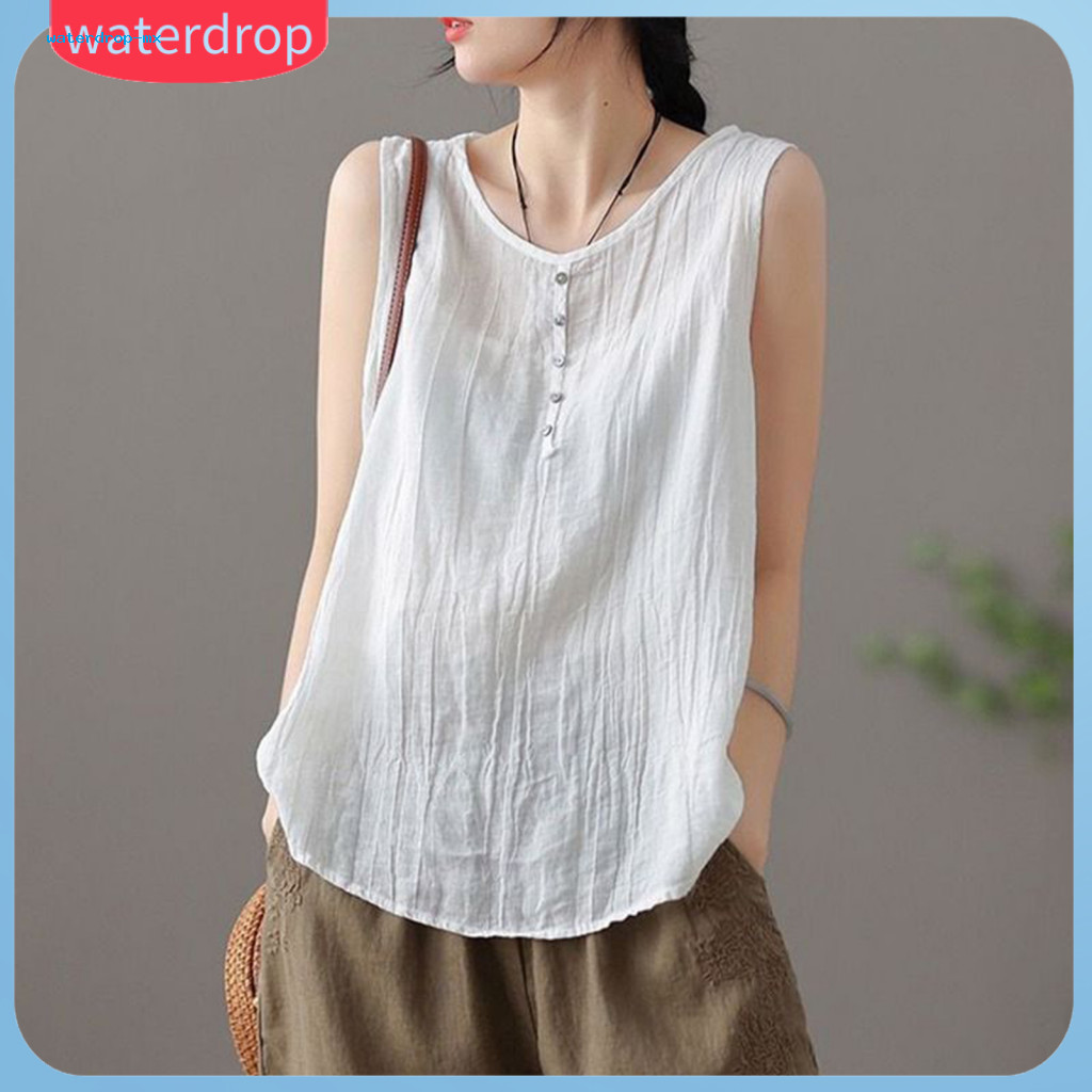 Women Summer Vest Sleeveless Tank Top Round Neck Button Decor Loose Fit Thin Camisole Solid Color Casual Streetwear for