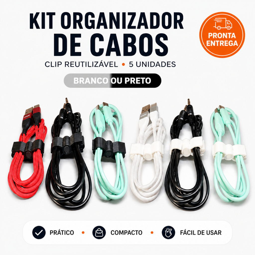 Organizador de Cabos Clip Reutilizável Kit com 5 Unidades Branco ou Preto