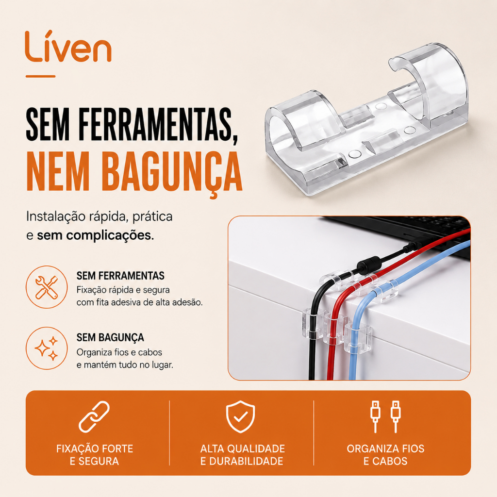 Organizador de Fios e Cabos/ Kit Passa Fio Adesivo Transparente/ Clips Fixadores de Fios e Cabos