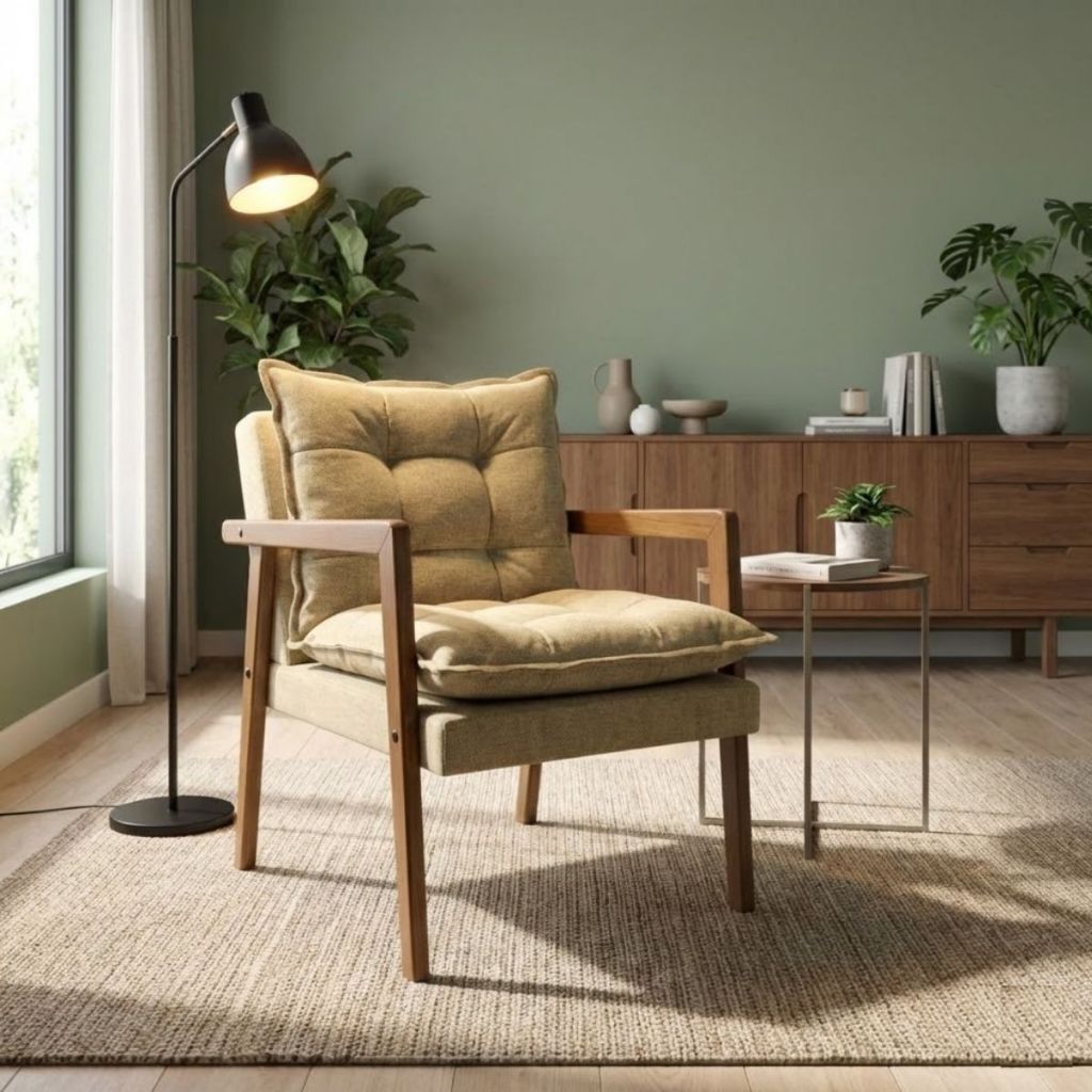 Poltrona Confortável Sala de Estar para Sala com Design Elegante Estilo Retrô Estofado Madeira Natural