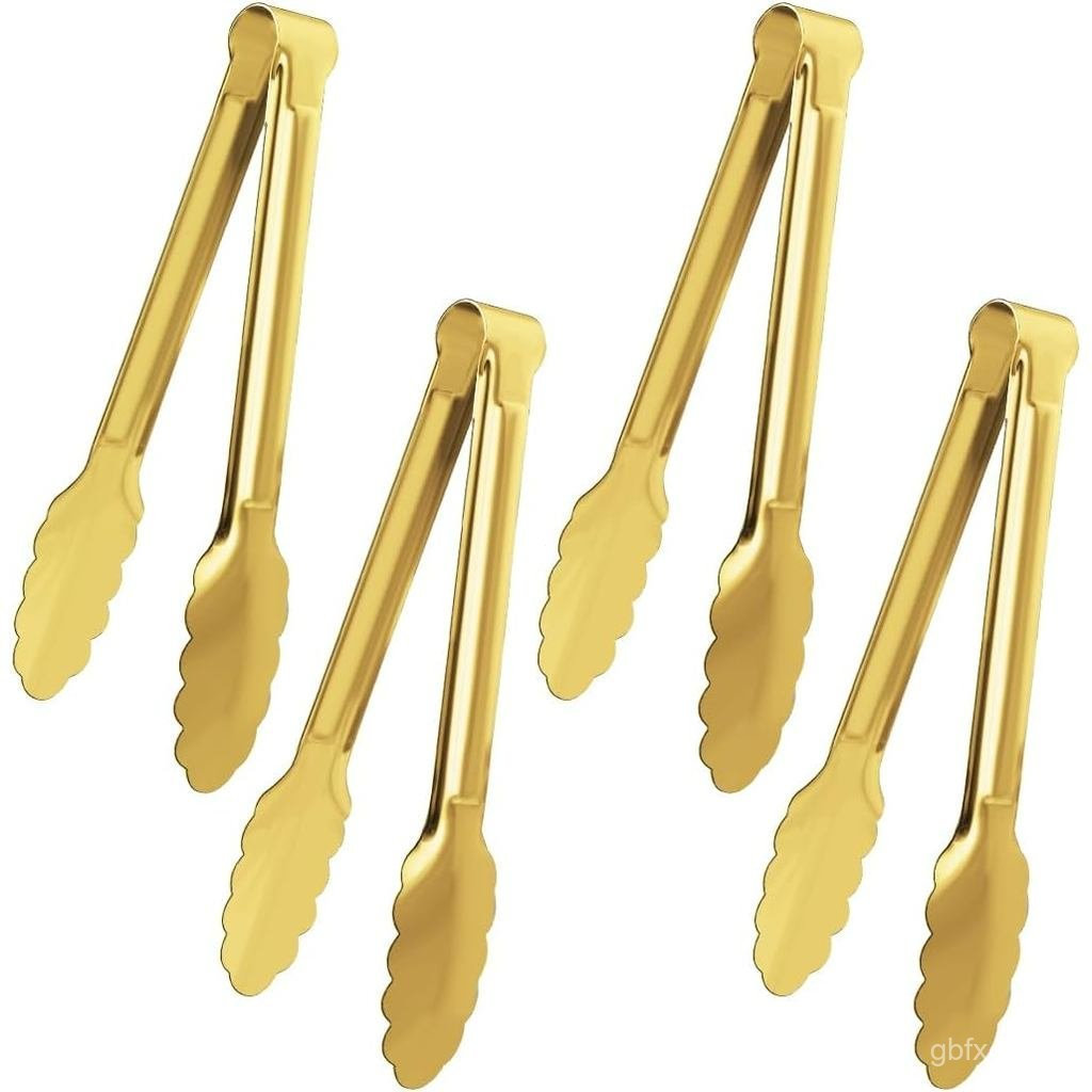 4 Pack Gold Serving Tongs XEVOM Buffet Tongs Serving Utensils Salad Tongs Stainless Steel Gold Plated Buffet Serving Ton