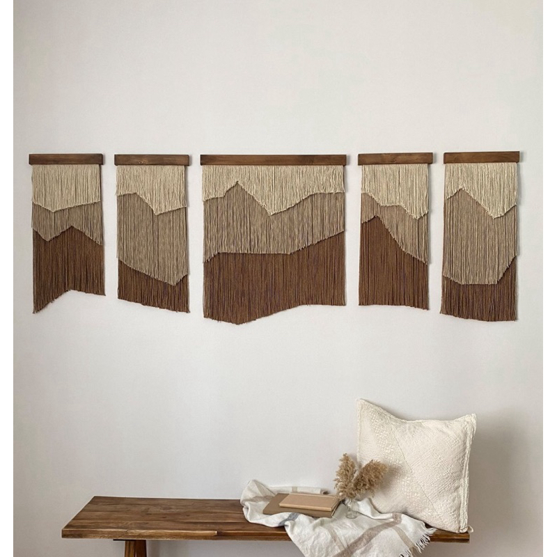 Painel Boho Chic 5 Peças em Barbante e Madeira – Design Montanhas, Decoração Natural Elegante