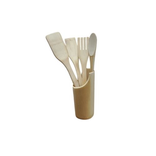 Kit 5 Utensílios Cozinha Bambu Ecológico Durável Resistente Design Natural Prático Sustentável