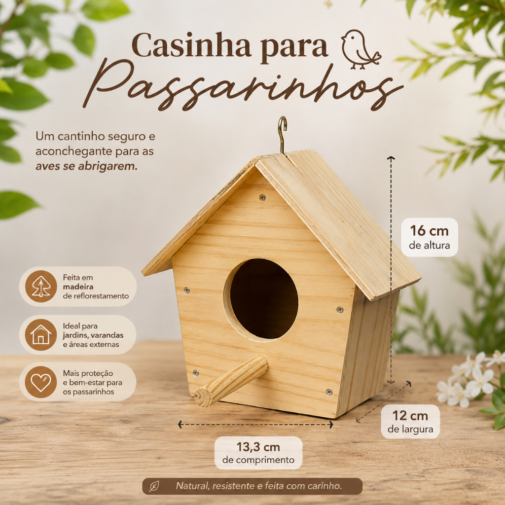 Casinha para Pássaros - Abrigo de Madeira Pinus com Design Natural e Proteção Contra Chuva