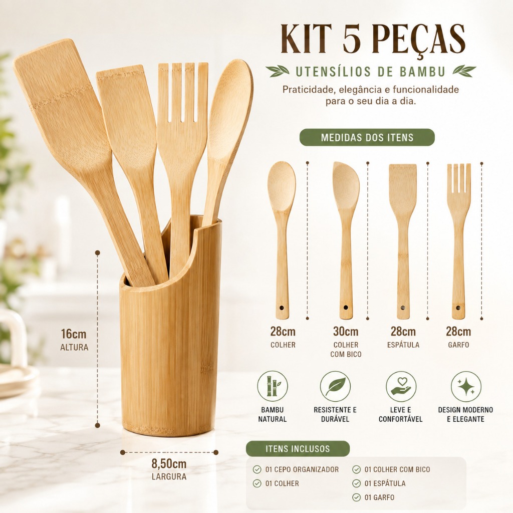 Kit Utensilios Cozinha Sustentavel Bambu Resistente Design Natural 5 Pecas jantar almoço casa