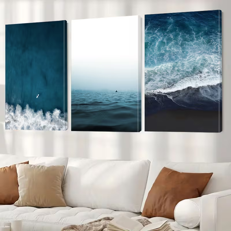 Kit 3 Quadros Decorativos Oceano Surfista e Ondas Premium Surf Sem Furar Parede