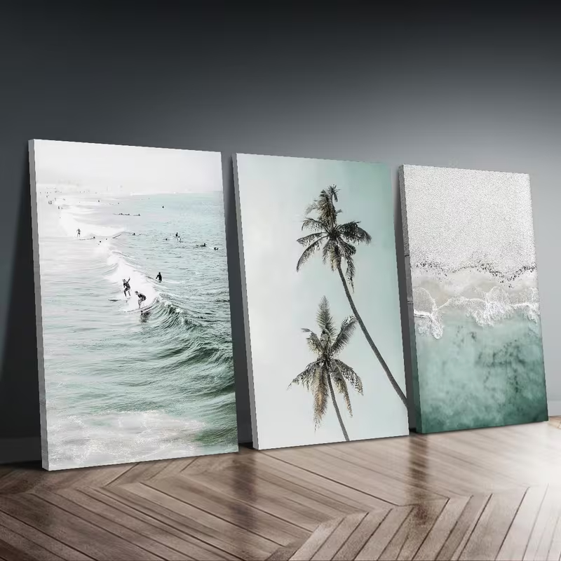 Kit 3 Quadros Decorativos Praia Surf e Natureza Mar Verde Água Sem Furar Parede Surfistas e Coqueiro