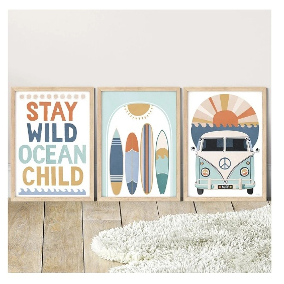 Quadros decorativos de quarto infantil, parede arte lona, oceano, tubarão, arco-íris, carro, prancha de surf (3 peças)