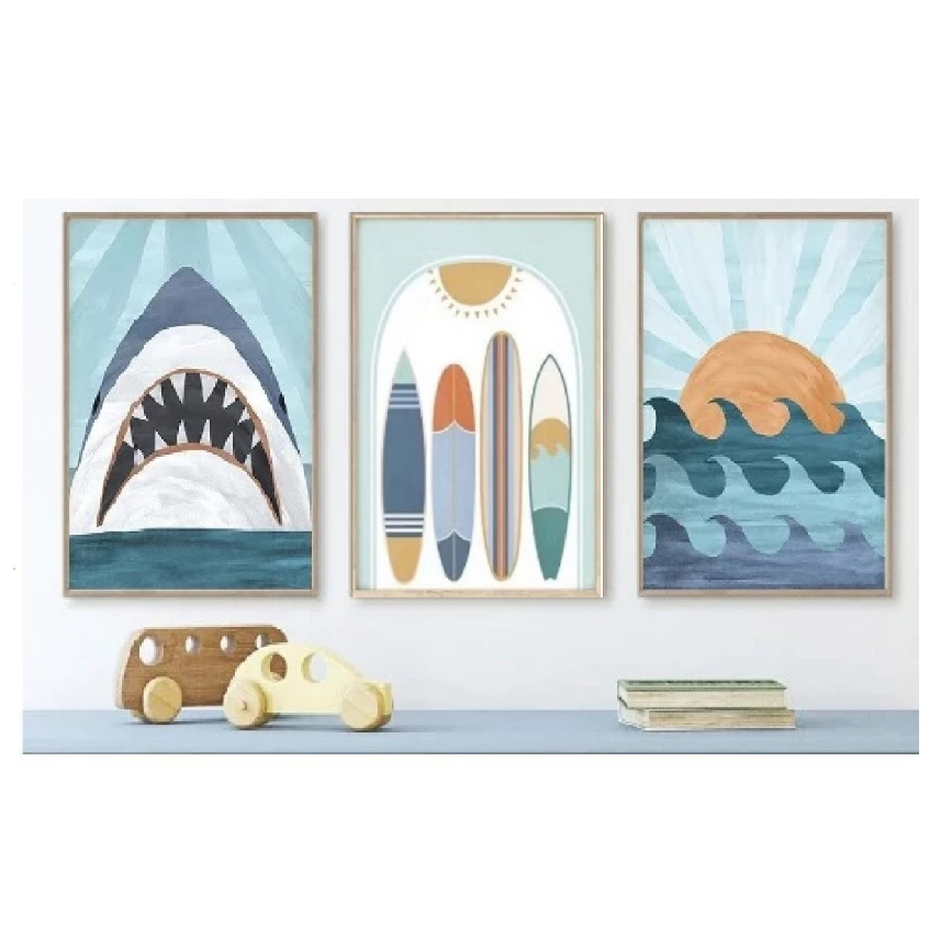 Quadros decorativos de quarto infantil, parede arte lona, oceano, tubarão, arco-íris, carro, prancha de surf (3 peças)