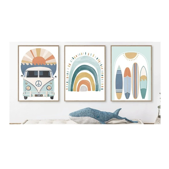 Quadros decorativos de quarto infantil, parede arte lona, oceano, tubarão, arco-íris, carro, prancha de surf (3 peças)