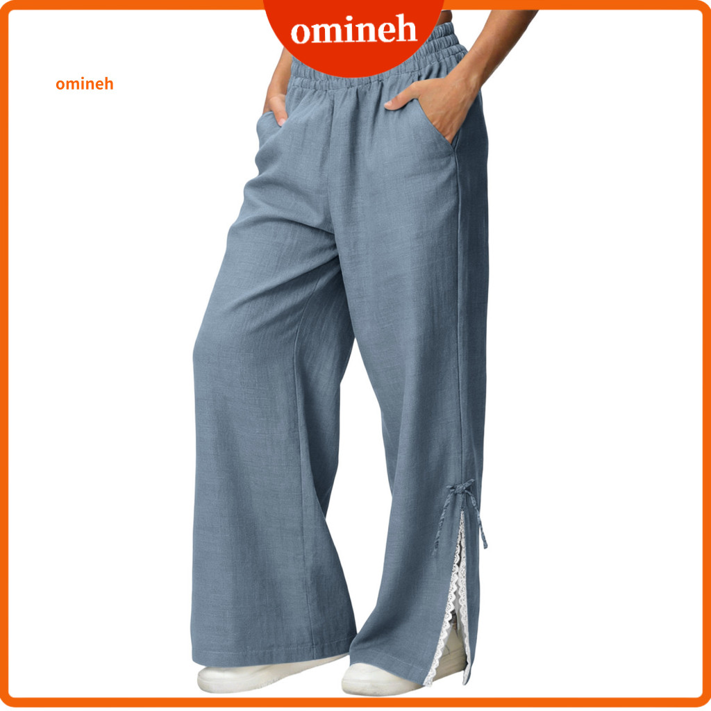 Women Breathable Summer Clothing Linen Pants Women’s Elastic Mid-rise Loose Fit with Pockets Lace Splicing Wide Leg Tr