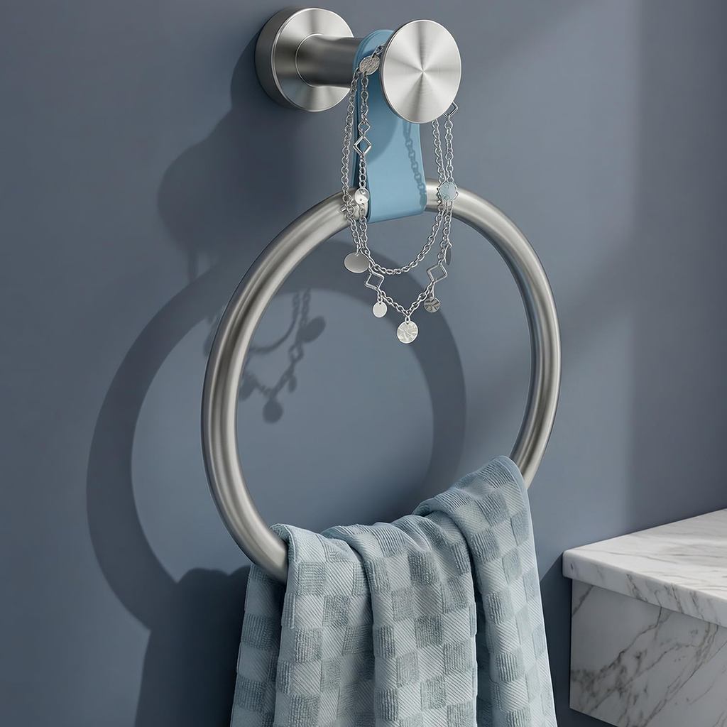 Luxury Handbag-Inspired Towel Ring -Genuine Leather & Silver Accent Hand Towel Holder, Stainless Steel 304, Waterproof &
