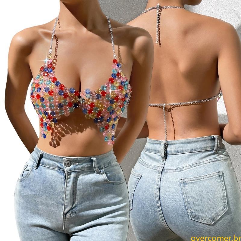 Ove Crystal Strass Body Jewelry Bohemian-Sparkly Bikini Chest Chain-Sutiãs