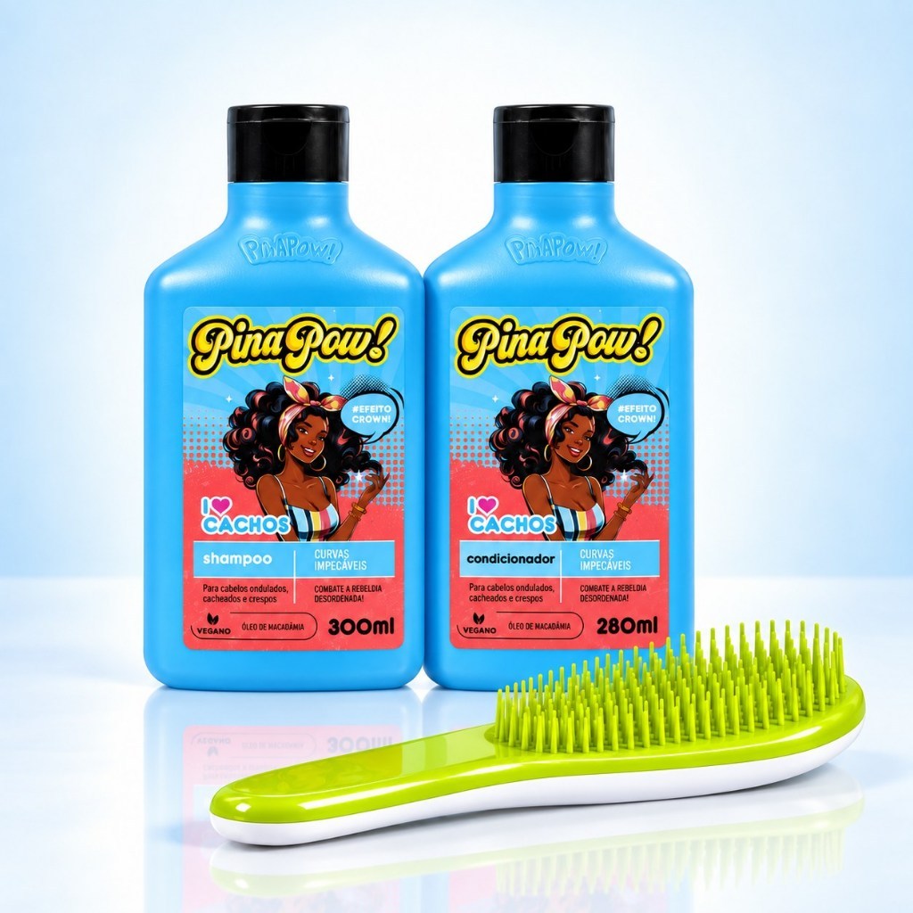 Kit I Love Cachos Pinapow | Shampoo + Condicionador + Escova | Hidratação, Definição e Cuidado para Cachos