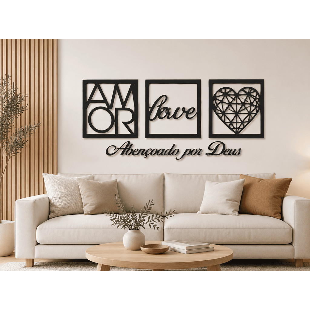 Kit Quadros Mãe Love Coração Abençoado Por Deus MDF Preto 3mm Decoração Para Sala Quarto Parede Presente