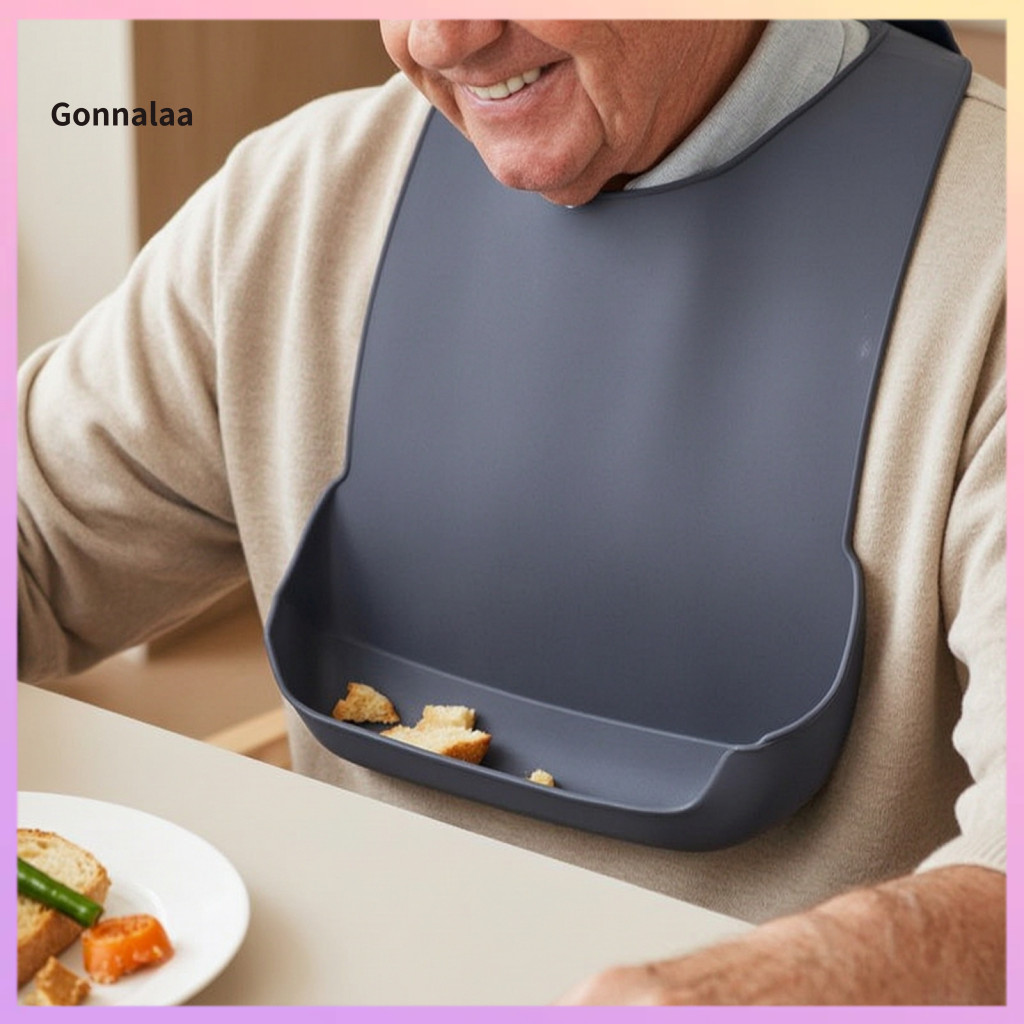 Silicone Adult Bib with Food Catcher 6-level Adjustable Neck Buckle Waterproof Washable Soft for Elderly Seniors – Com