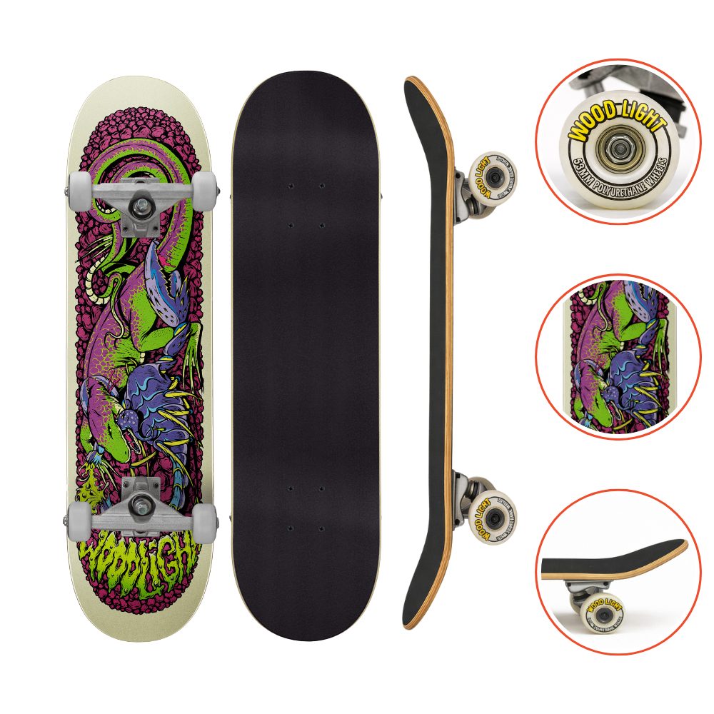 Skate Iniciante Completo Lizard Wood Light 8.0 Profissional Shape Street Rolamento Abec 7 Infantil Adulto Ate 120kg