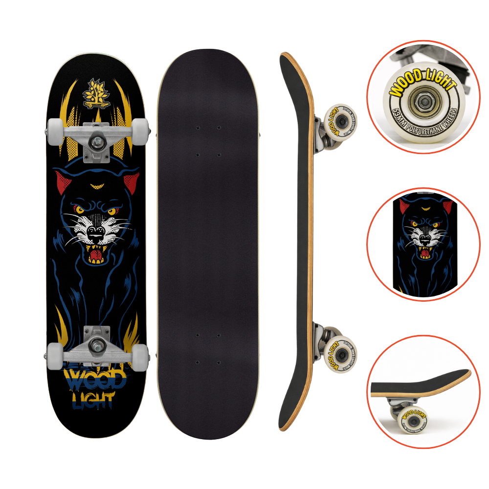 Skate Iniciante Completo Pantera Wood Light 8.0 Profissional Shape Street Rolamento Abec 7 Infantil Adulto Ate 120kg