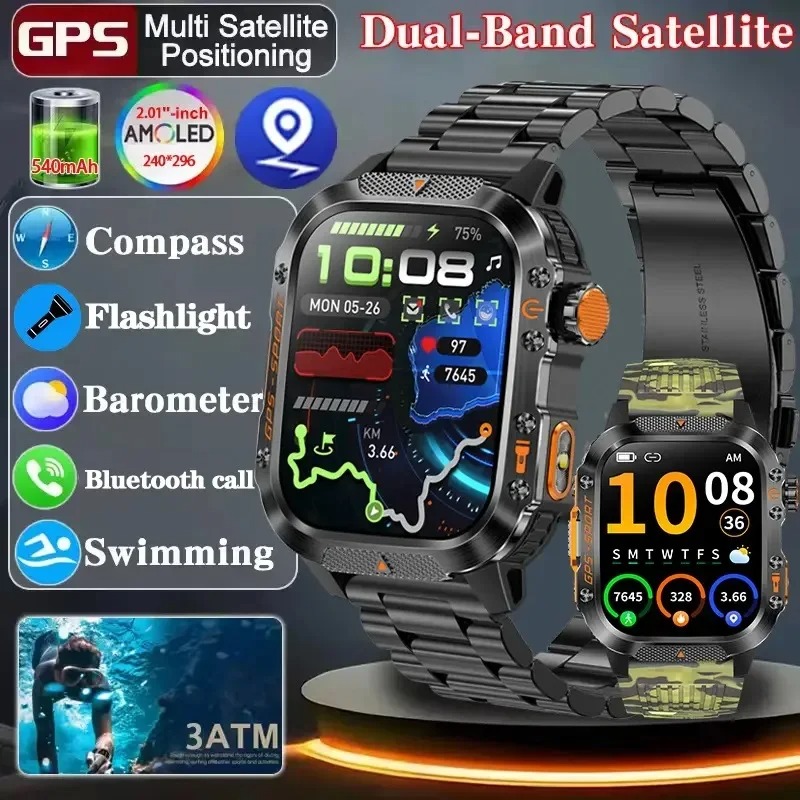 Novo Relógio Inteligente com GPS e Lanterna, Ligação Wireless, 3ATM à Prova d'Água, para Esportes Masculino e Feminino,