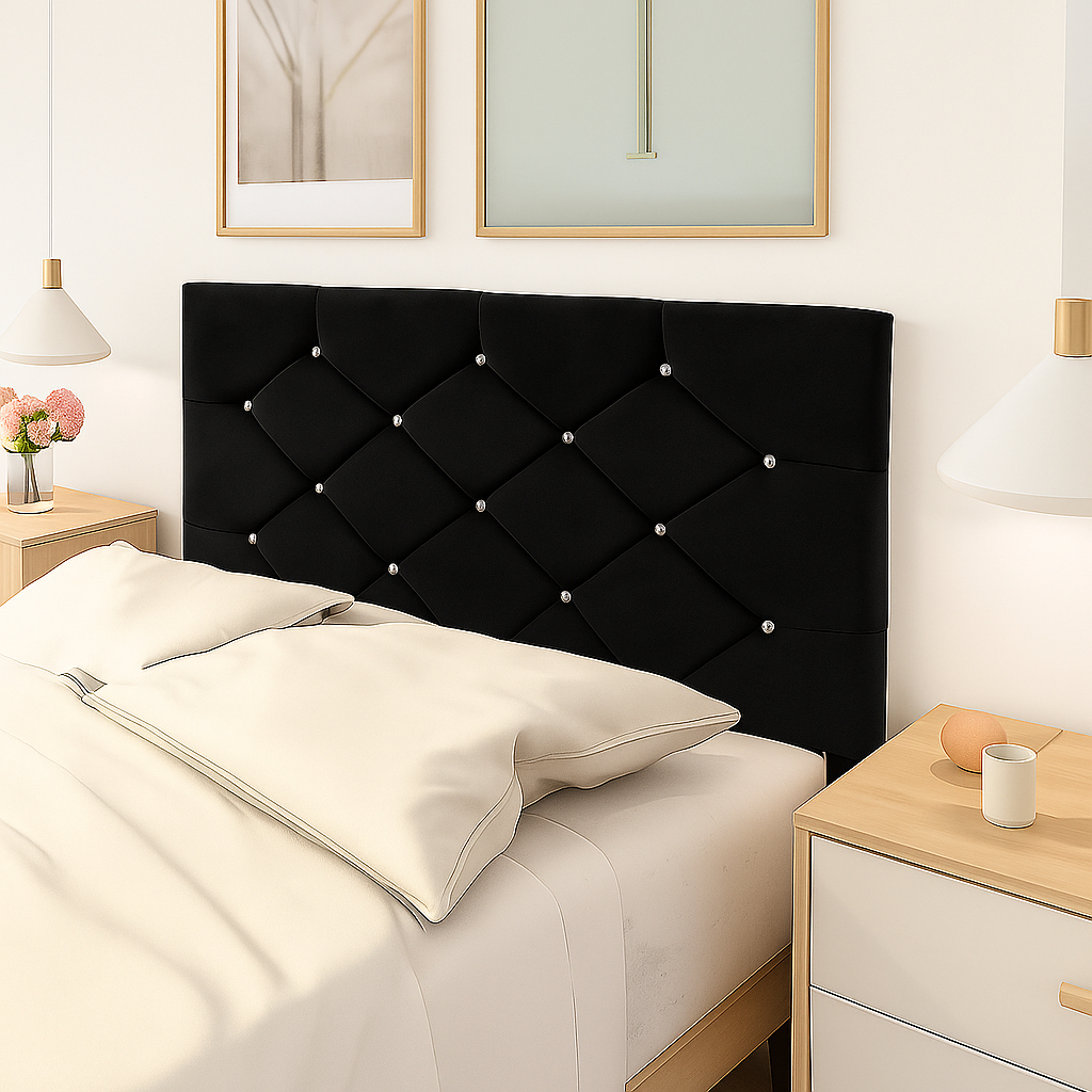 Cabeceira Box Casal  Tecido Suede com Pés e Botões de Strass -  Estrutura Reforçada