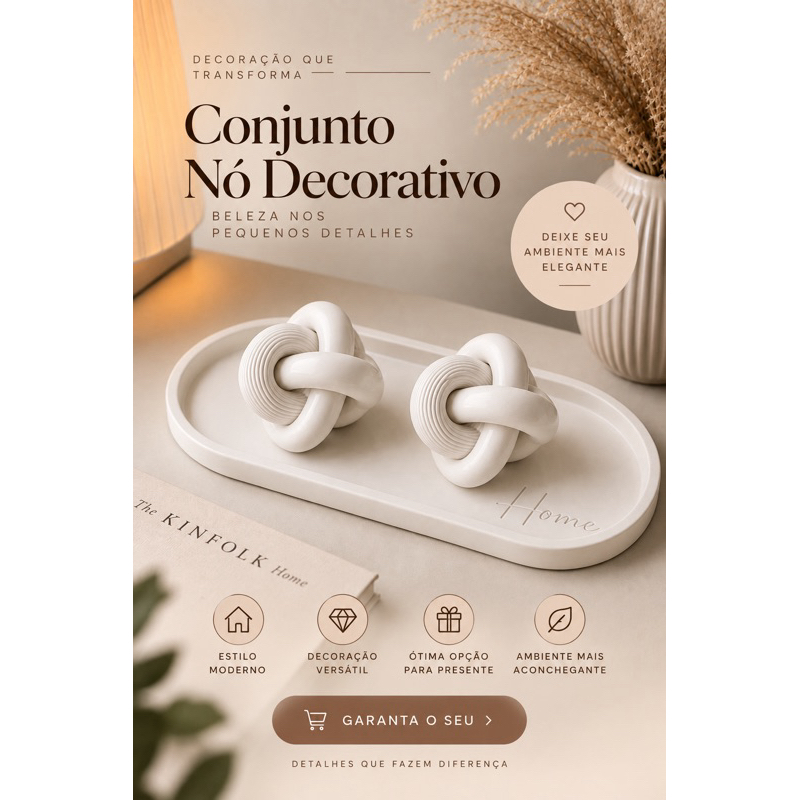 Kit Decorativo Bandeja Oval + 2 Nós Decorativos | Decoração Moderna Minimalista