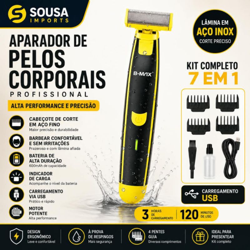Aparador de Pelos Corporais B-MAX 7 em 1 Profissional USB – Lâmina em Aço Inox – 4 Pentes Guia