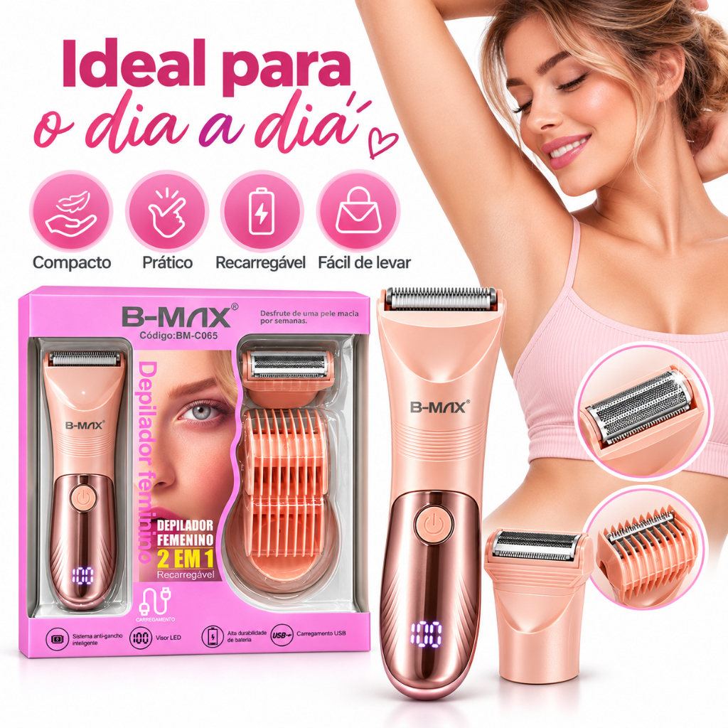 Depilador Feminino 2 em 1 B-Max Recarregável USB Visor LED Aparador Corporal Axila Virilha Pernas BM-C065