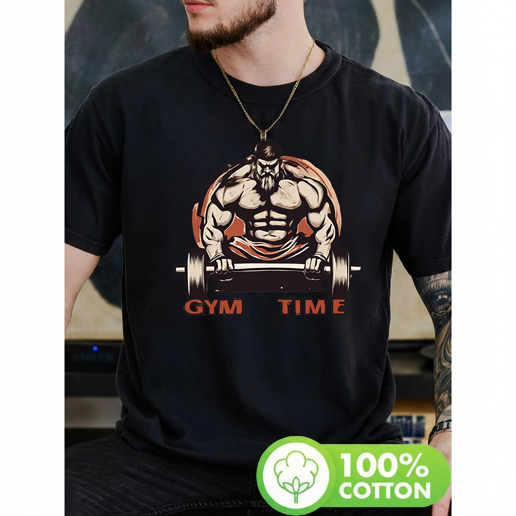 Camiseta Masculina Gym Time Estampa Atleta Levantando Peso Moderna Premium Estilosa Retrô
