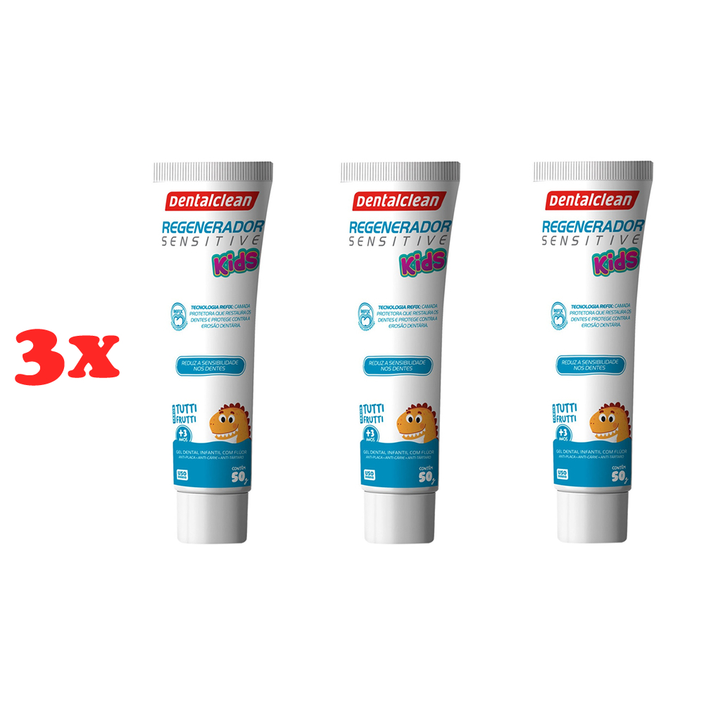 3x Gel Dental Dentalclean Regenerador Sensitive Kids com Flúor Sabor Tutti-Frutti 50g
