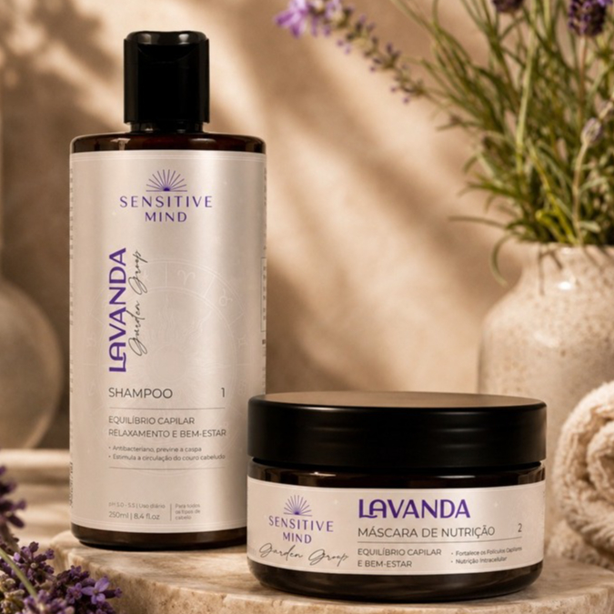 Kit Shampoo e Máscara de Nutrição Lavanda Cuidados Capilares Hidratação Brilho Cabelo Sensitive Mind