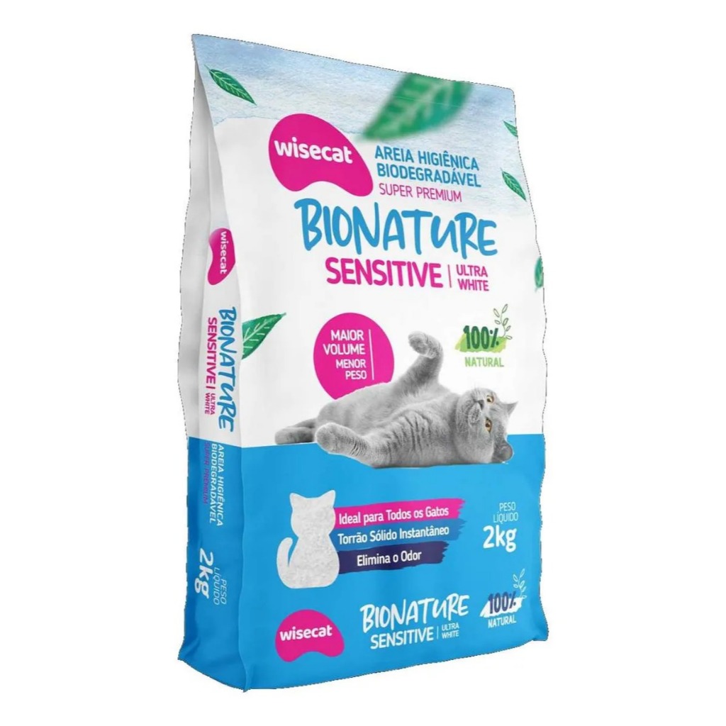 Areia Higiênica Biodegradável para Gatos 2kg Mandioca Sensitive Absorção Forte Controle Odor Natural Baixa Poeira Eco
