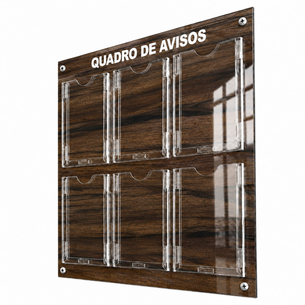 Quadro Aviso Gestão Á Vista 6 Displays A4 ACM Madeira Imbuia