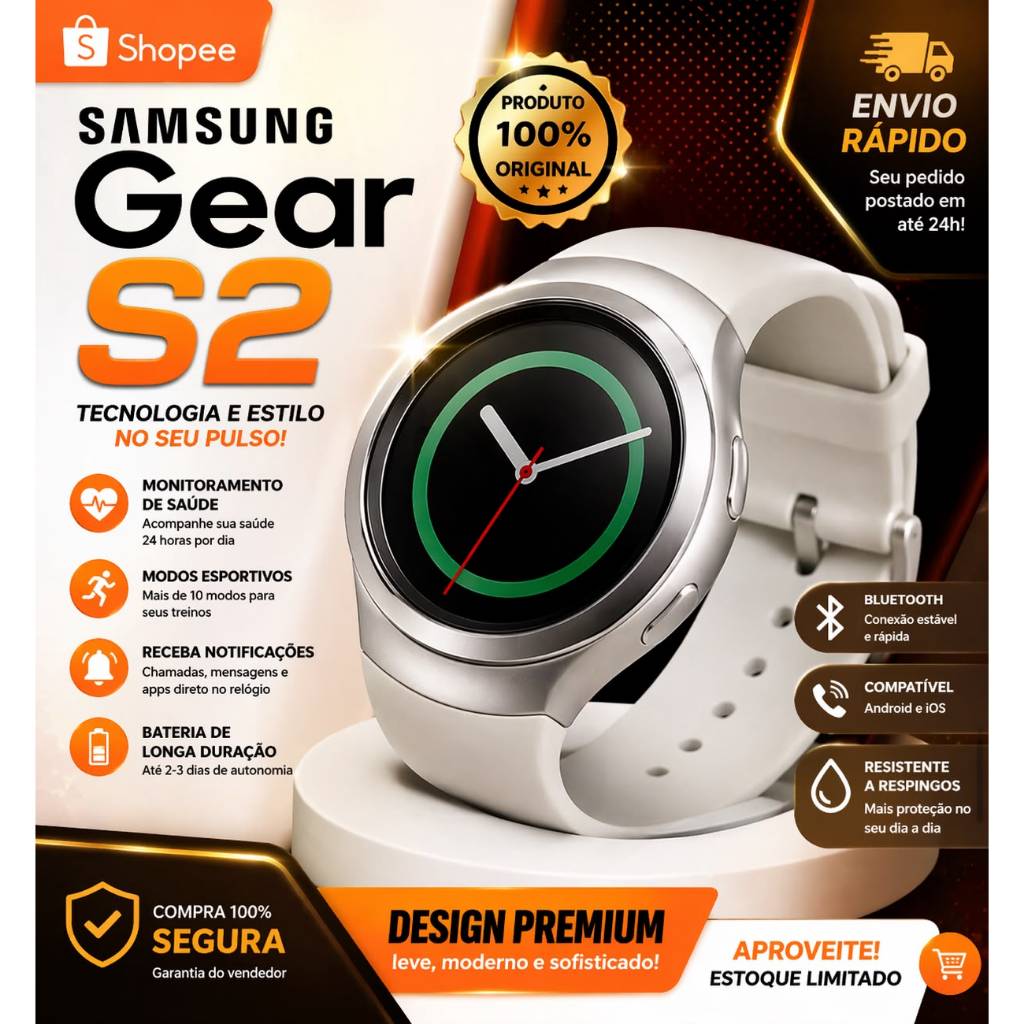 Smartwatch Samsung Gear S2 Preto e Branco Bluetooth Wi-Fi Tela Super AMOLED