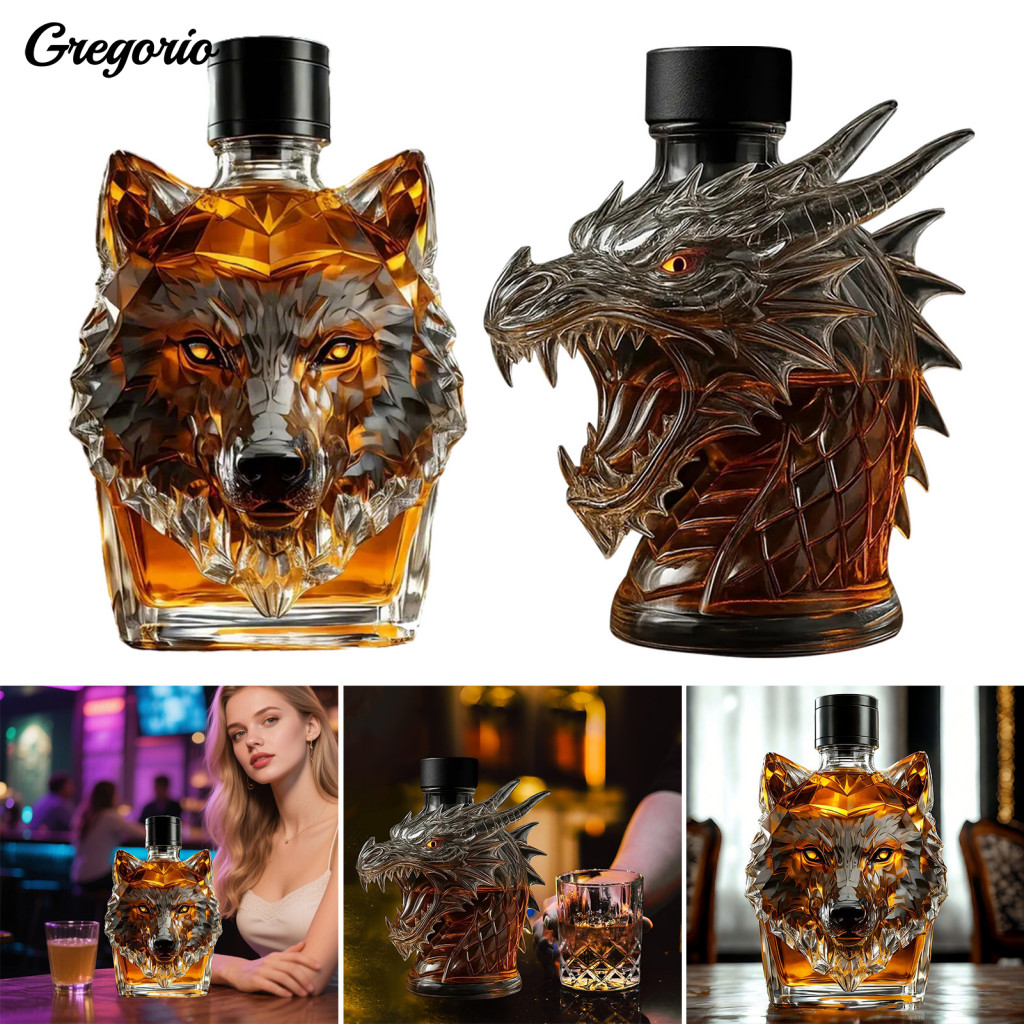 Leak-proof Whiskey Stopper Bottle with Wolf Head Design 300ml Decanter High Borosilicate Glass Seal for Home
