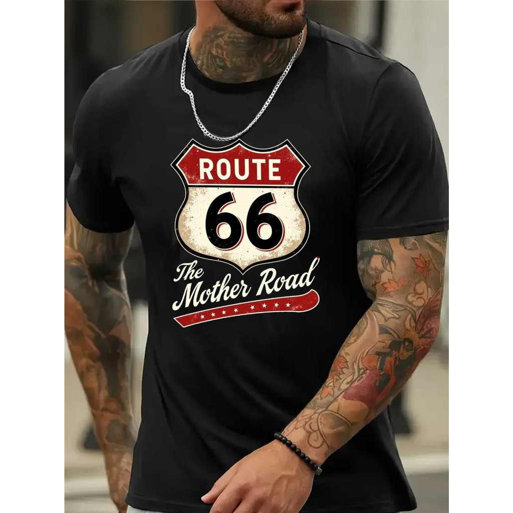 Camiseta Masculina Vintage Route 66 - Algodão Respirável com Estampa Retrô do Sinal da Rodovia Route 66 e Logo Mother Ro