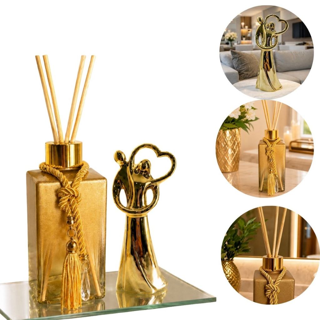 Kit Aromatizador de Ambientes Square Gold Com Enfeite Casal em Cerâmica e Bandeja Decorada Com Pérolas