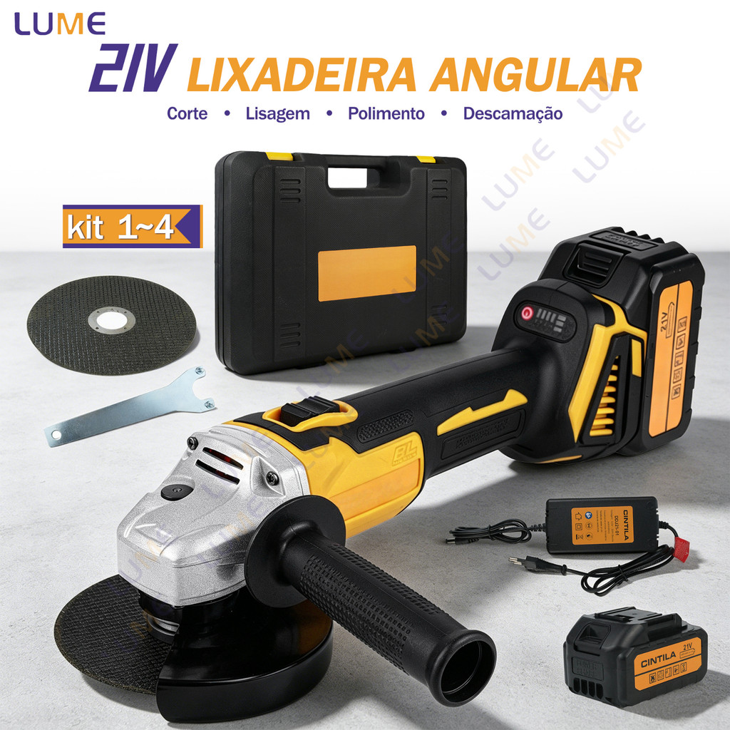 Esmerilhadeira Lixadeira Angular 21V Brushless 800W 8000rpm C/ 2 Baterias Lítio E 2 Discos De Corte