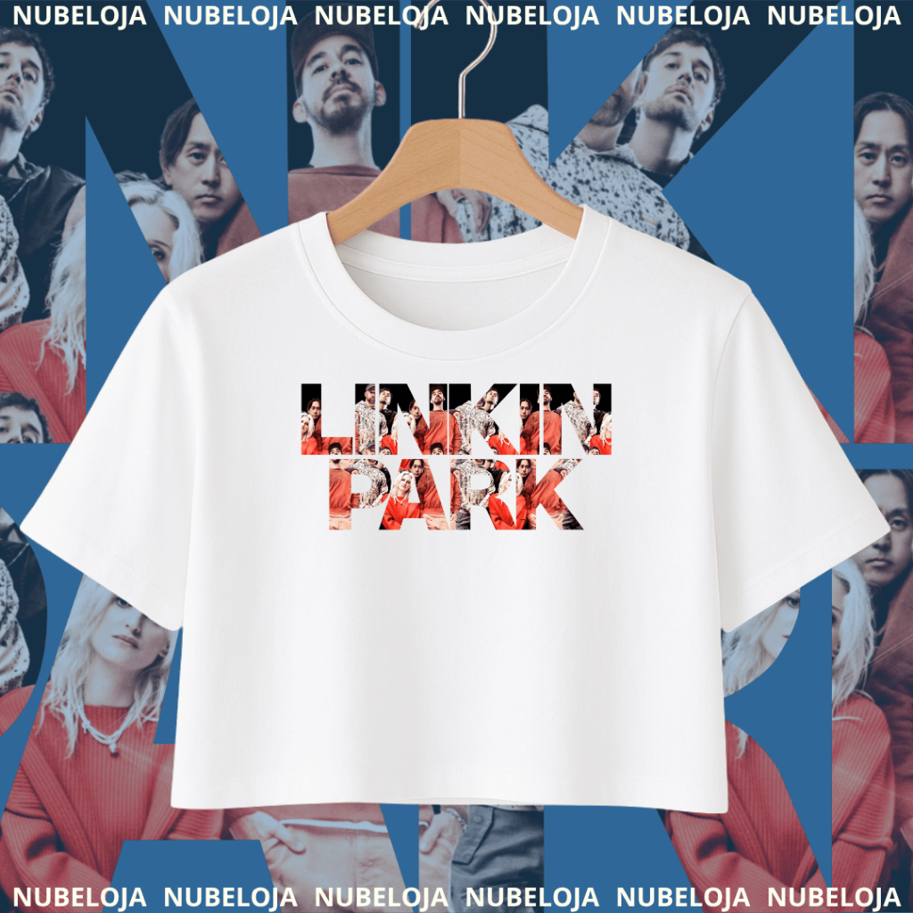 Cropped Linkin Park – logo com collage da banda (branco)