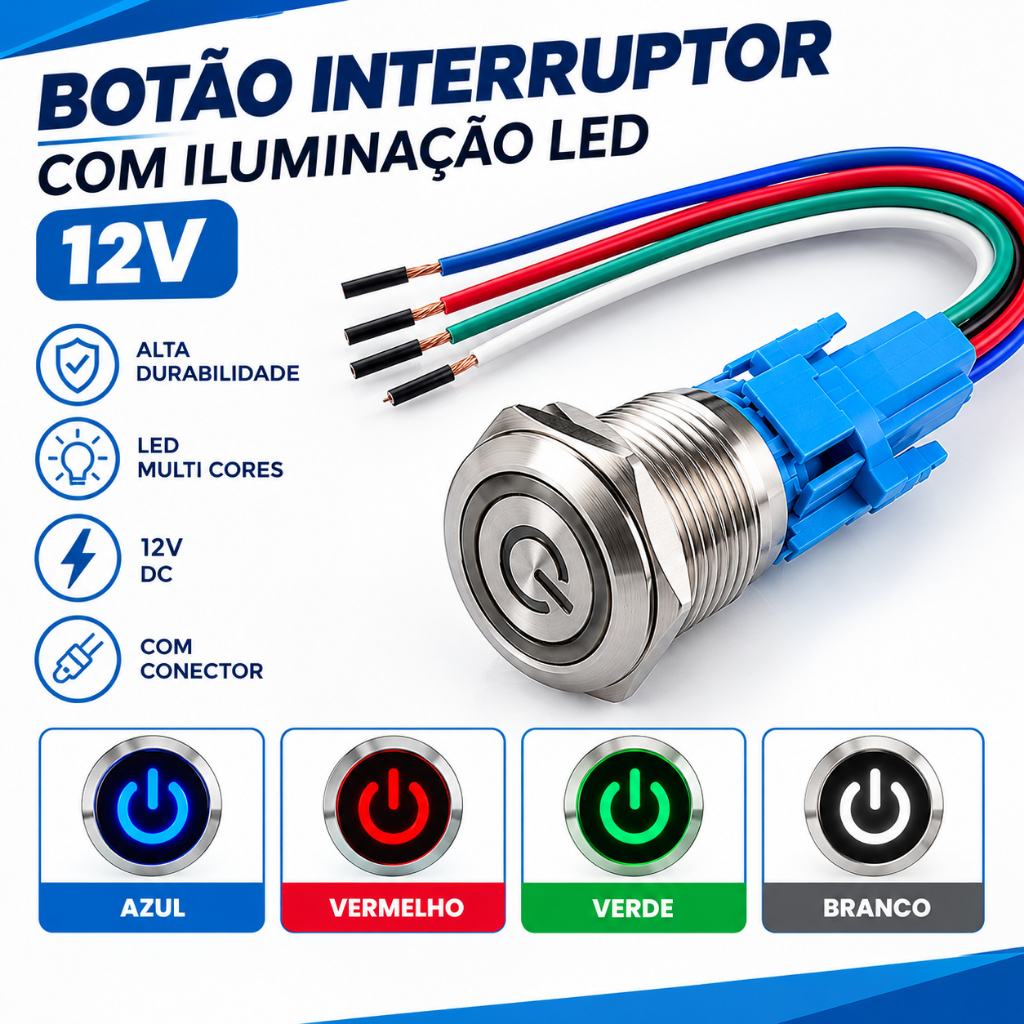 Botão Power Inox 16mm Interruptor ON OFF À prova d'água 12 -24 V