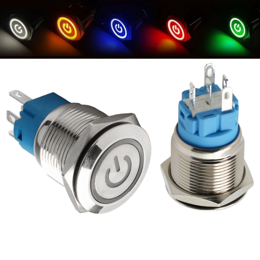Botão Power Inox 19mm com LED Símbolo de Power À prova d'água 12-24V On Off Car Switch