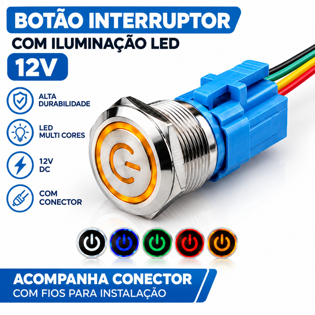 Botão On Off Interruptor Inox 19mm LED Símbolo de Power Chicote Ligação À prova d'água 12-24V Car Switch